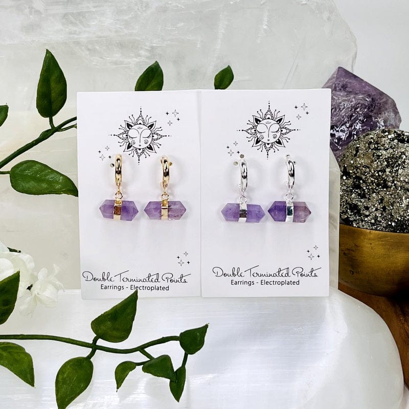 double terminated point earrings available in amethyst