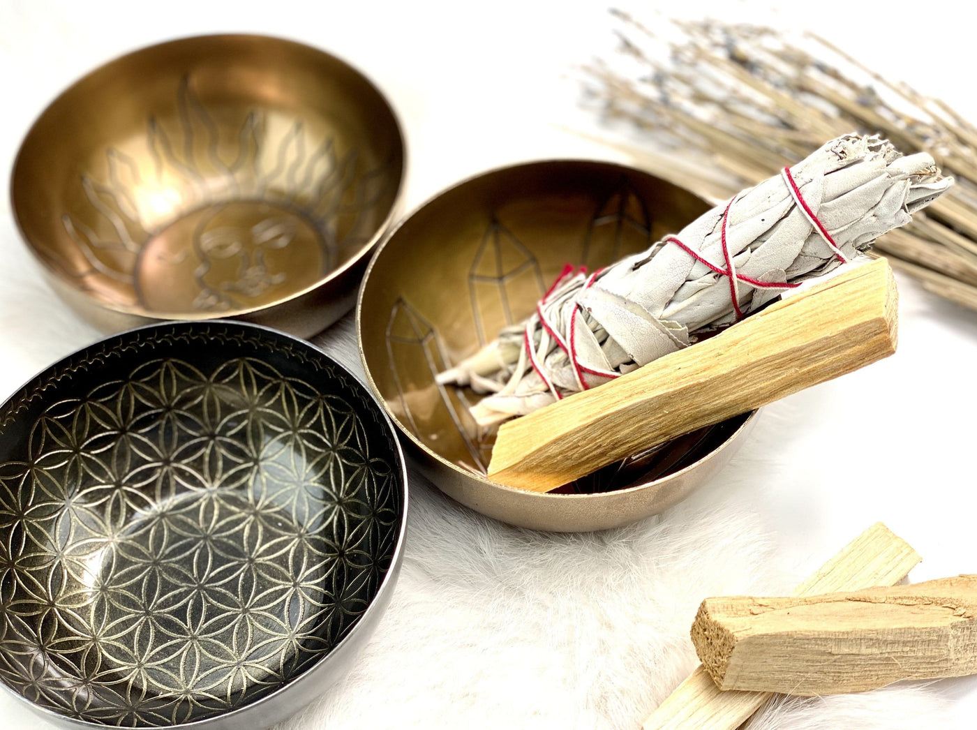 Products Offering Bowl Brass - 3 bowls with sage stick and palo santo