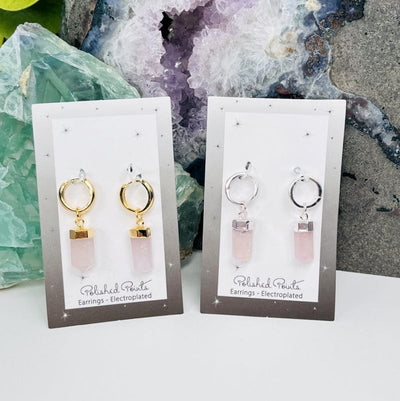polished point earrings in rose quartz available in electroplated gold or silver 