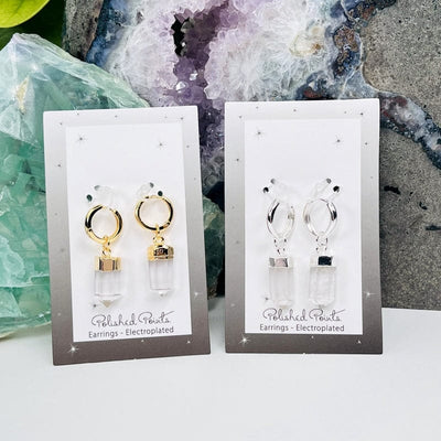 polished point earrings in crystal quartz available in electroplated gold or silver 