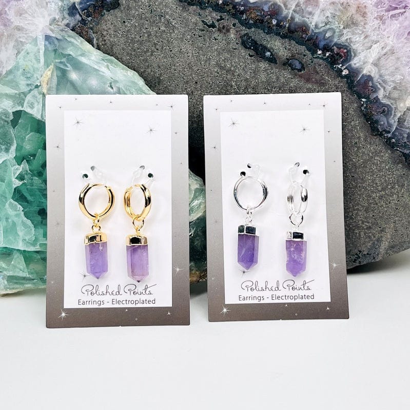 polished point earrings in amethyst available in electroplated gold or silver 