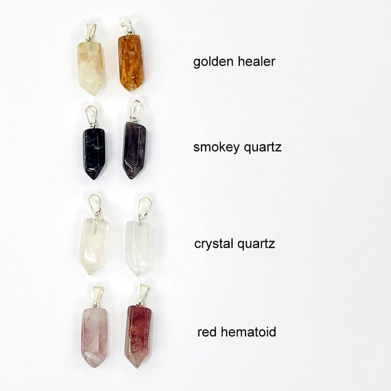gemstone point pendant next to the stone name. available in golden healer, smokey quartz, crystal quartz, and red hematoid 