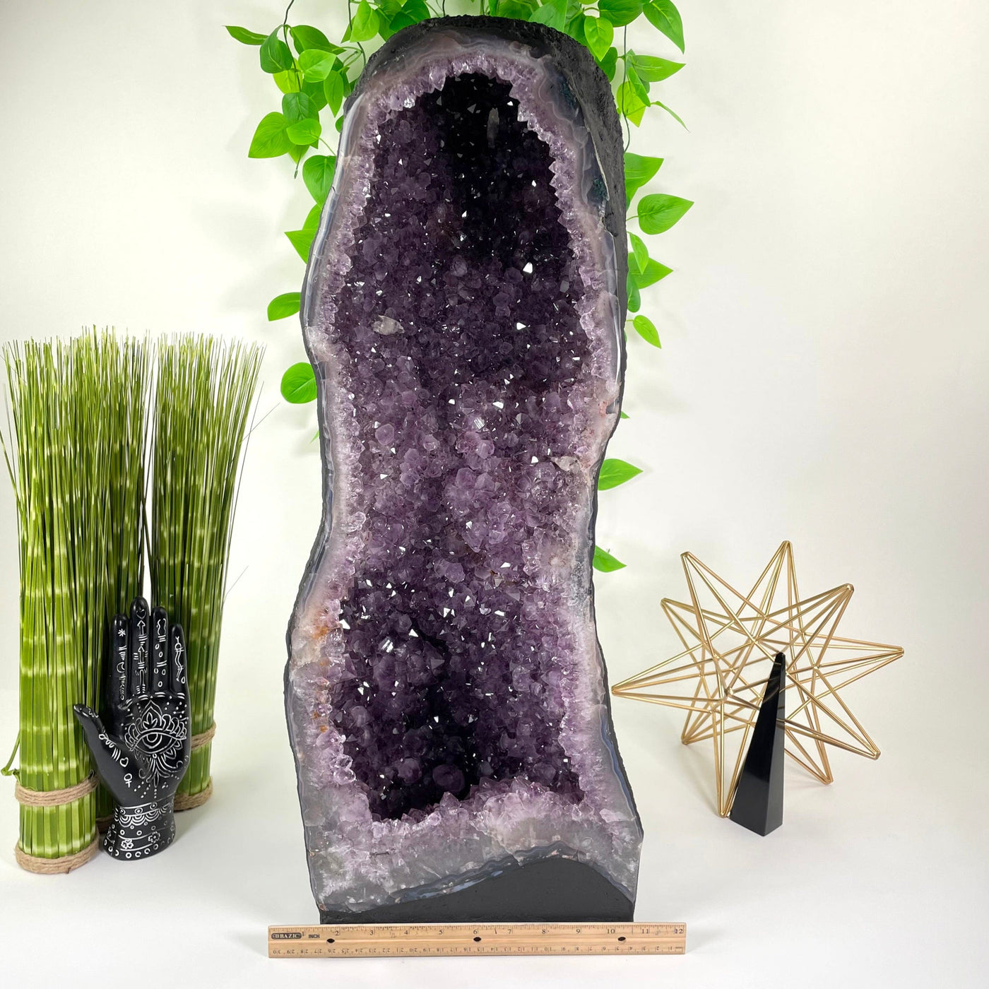 front of amethyst cave geode with horizontal ruler for width reference