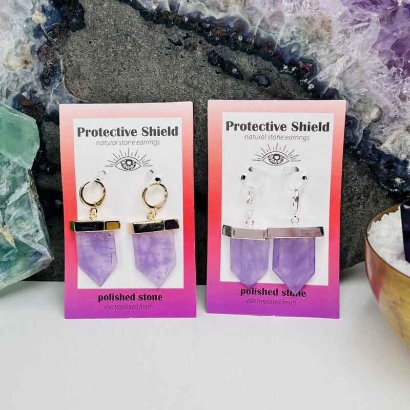 close up of the protective shield earrings in amethyst electroplated in gold or silver 