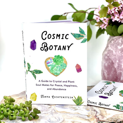Cosmic Botany Book with decorations in the background