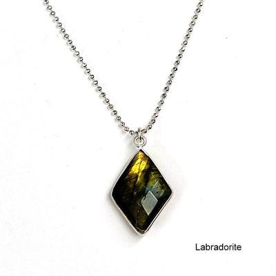 close up of the details on the faceted labradorite diamond pendant 