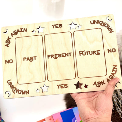 Tarot 3 Card Display Wooden Board showing you the writing on it saying PAST , PRESENT, FUTURE