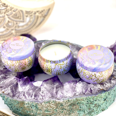 3 Meditation Candle Tins with decorations