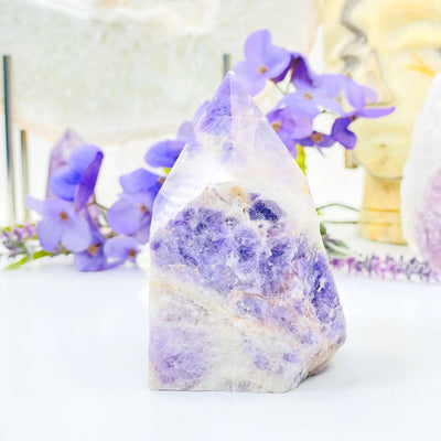 Side view of the Chevron Amethyst Point with white floral background