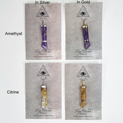 figa hand pendant available in electroplated silver or gold. stone types available are amethyst and citrine