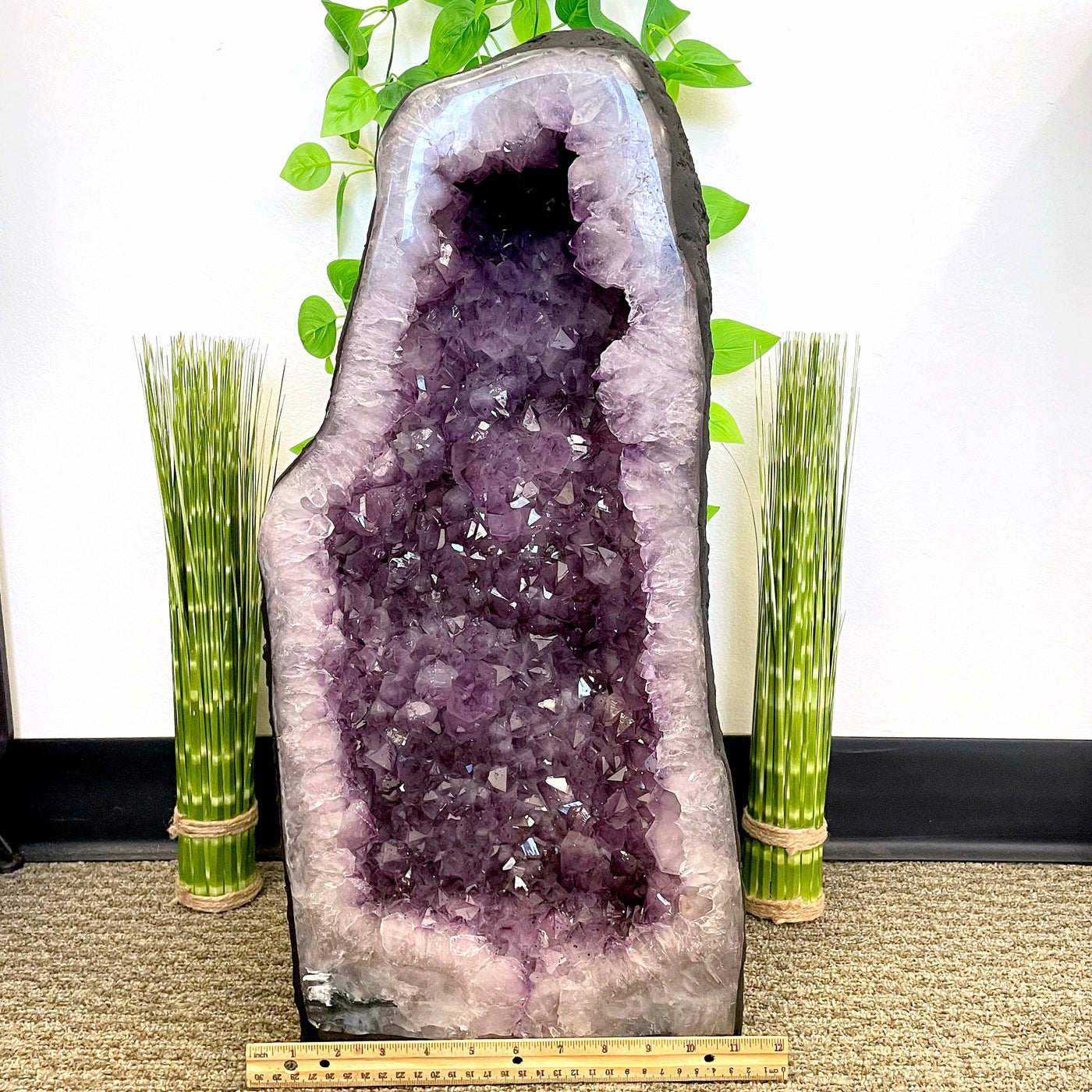 front of amethyst cave geode with horizontal ruler for width reference