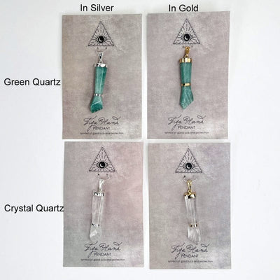 figa hand pendant available in electroplated silver or gold. stone types available are green quartz and crystal quartz 