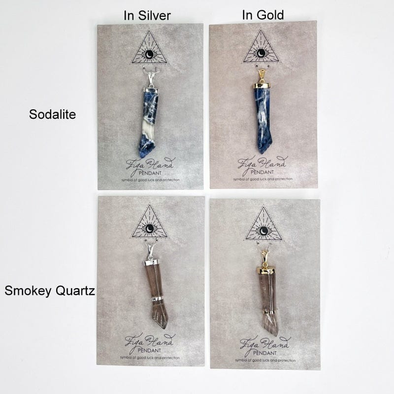 figa hand pendant available in electroplated silver or gold. stone types available are sodalite and smokey quartz 