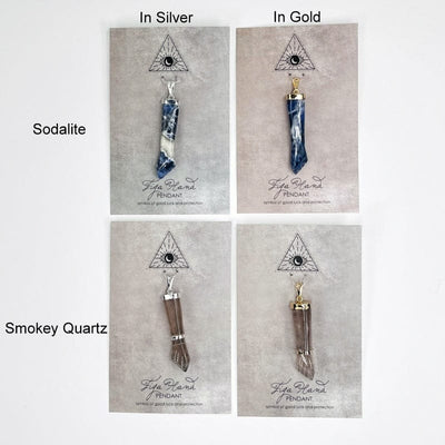 figa hand pendant available in electroplated silver or gold. stone types available are sodalite and smokey quartz 