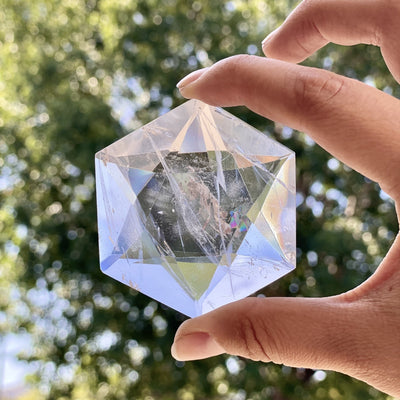 hand holding up crystal quartz hexagonal pocket stone in front of trees