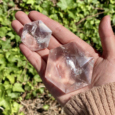 hand holding up 2 crystal quartz hexagonal pocket stones in different sizes in front of plants