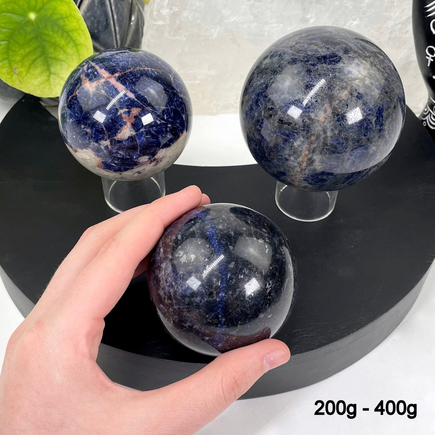 three 200g - 400g sodalite polished spheres on display for possible variations with one in hand for size reference