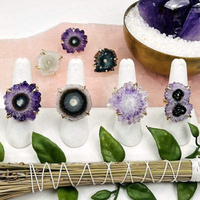 amethyst stalactite rings displayed to show the differences in the color shades and sizes