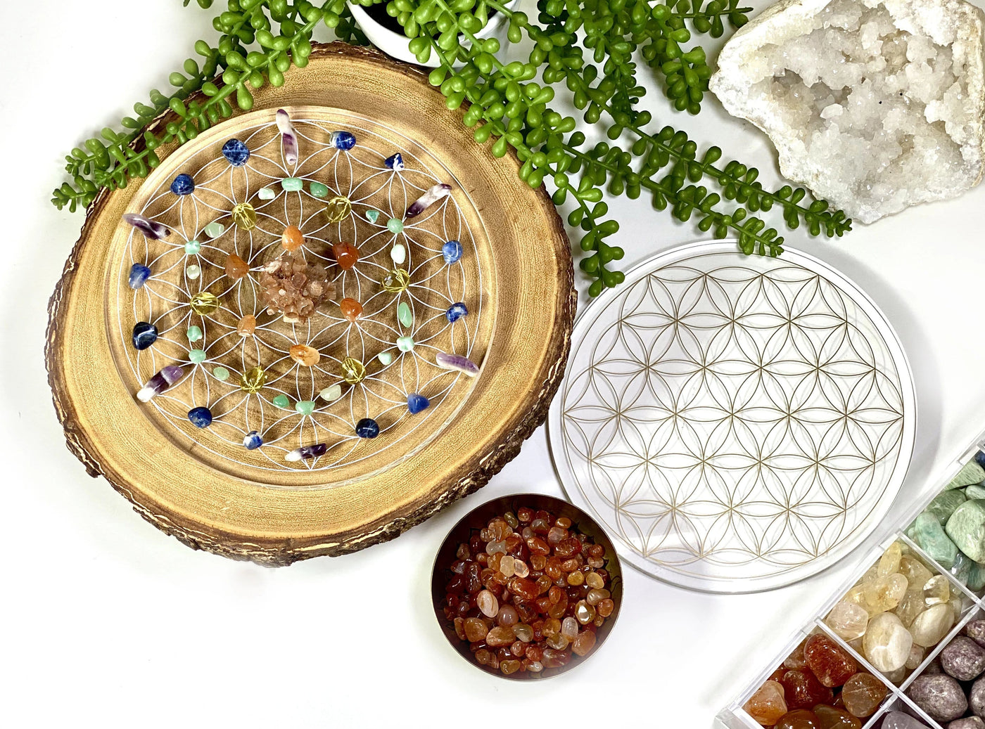 Crystal Grid Flower of Life Acrylic Grid with tumbled stones on top (stones not included) and a crystal grid flower of life acrylic grid with nothing on top