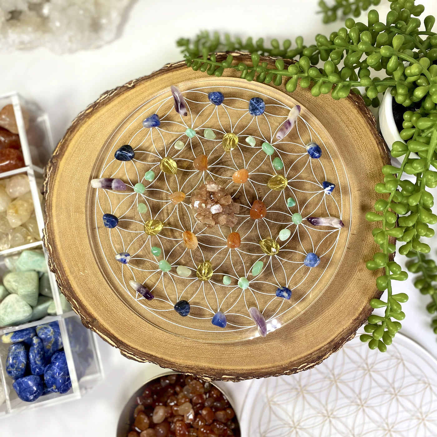 Crystal Grid Flower of Life Acrylic Grid with tumbled stones on top (stones not included)