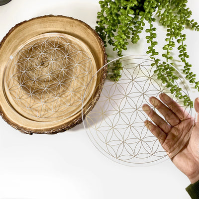 Crystal Grid Flower of Life Acrylic Grid on hand for size comparison