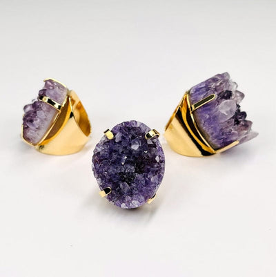 front and side view of the amethyst cluster rings 