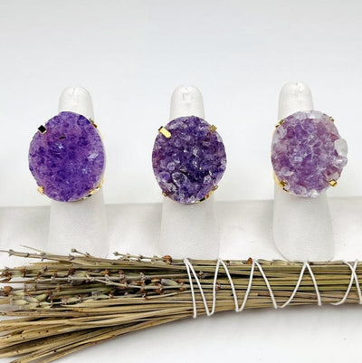 amethyst cluster rings displayed to show the slight differences