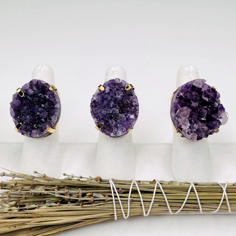amethyst cluster rings displayed to show the slight differences
