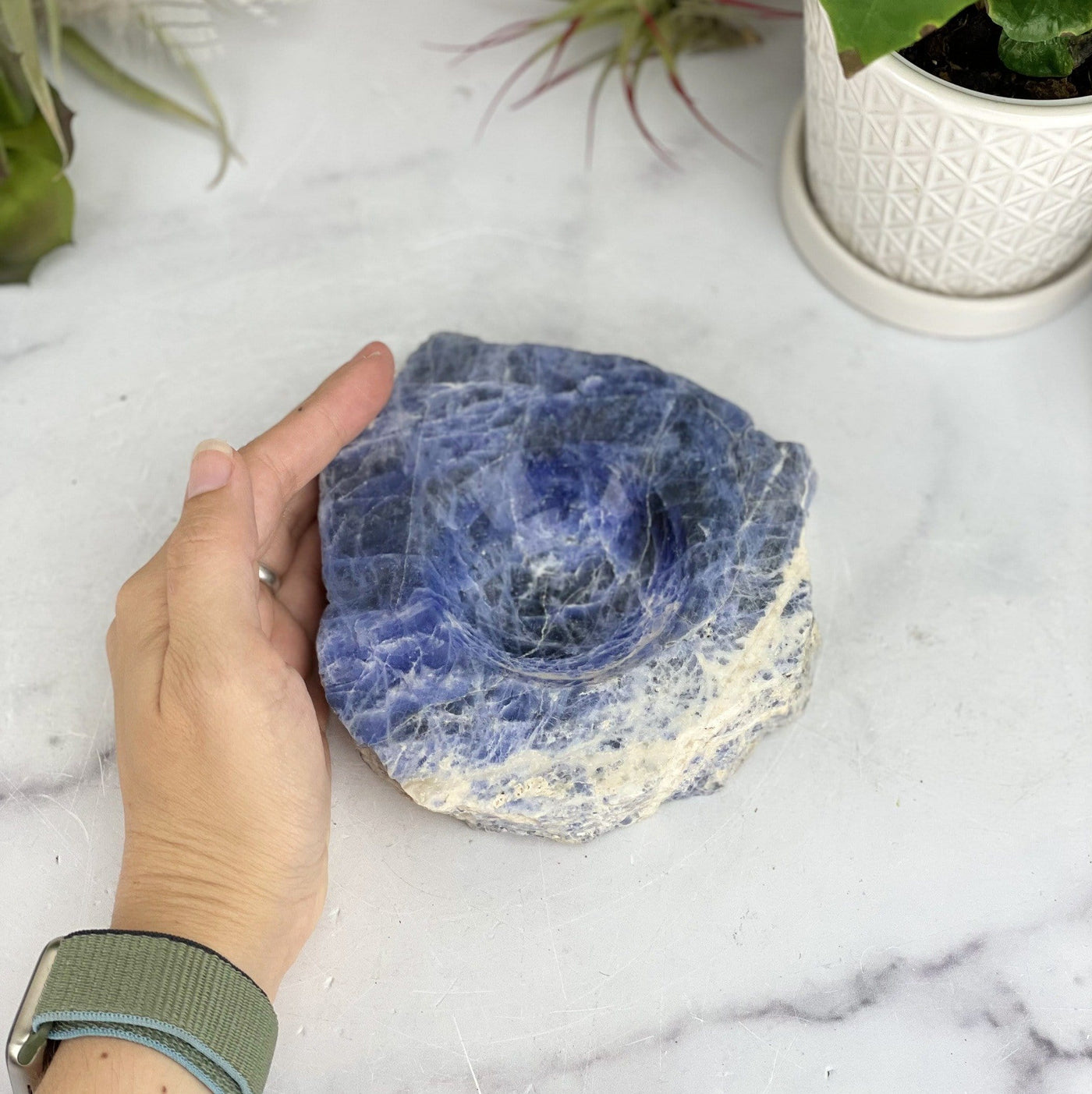 sodalite polished soap dish with hand for size reference
