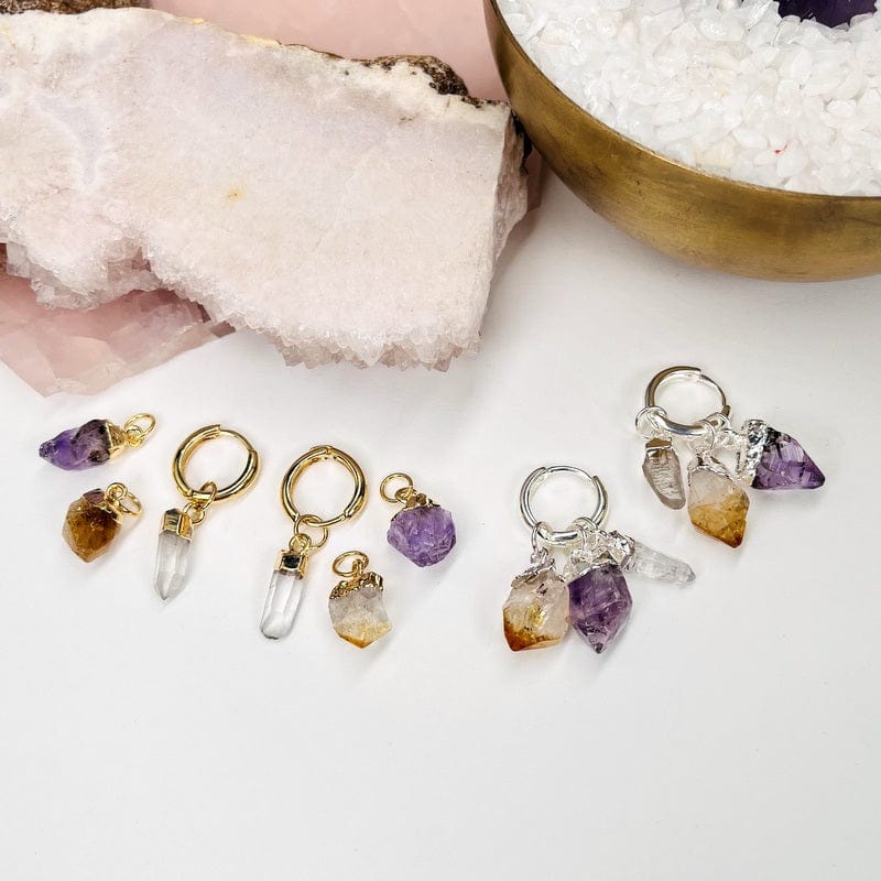 earrings displayed with all three crystal on and with only one crystal on