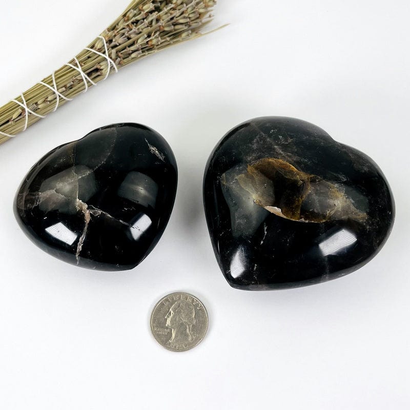 smokey quartz puff hearts next to a quarter for size reference 