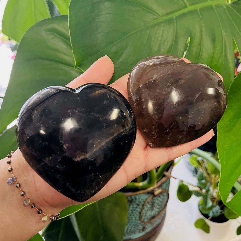 smokey quartz puff hearts in hand for size reference 