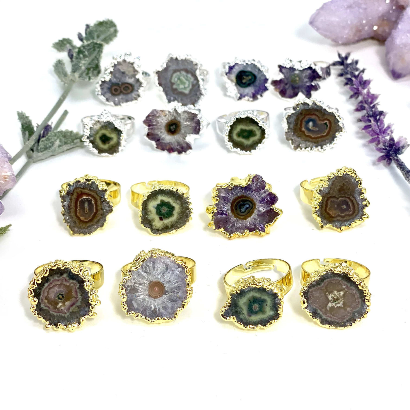 8 silver amethyst stalactite rings and 8 gold amethyst stalactite rings with decorations