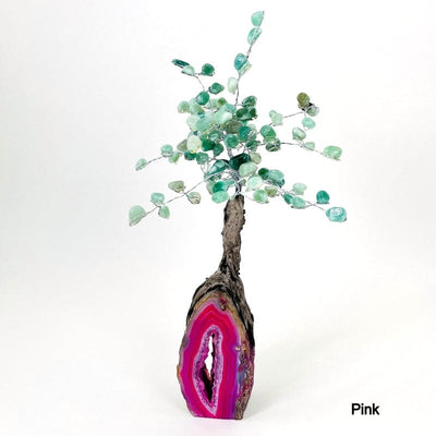 pink geode base tree with green quartz tumbled stones on the top portion