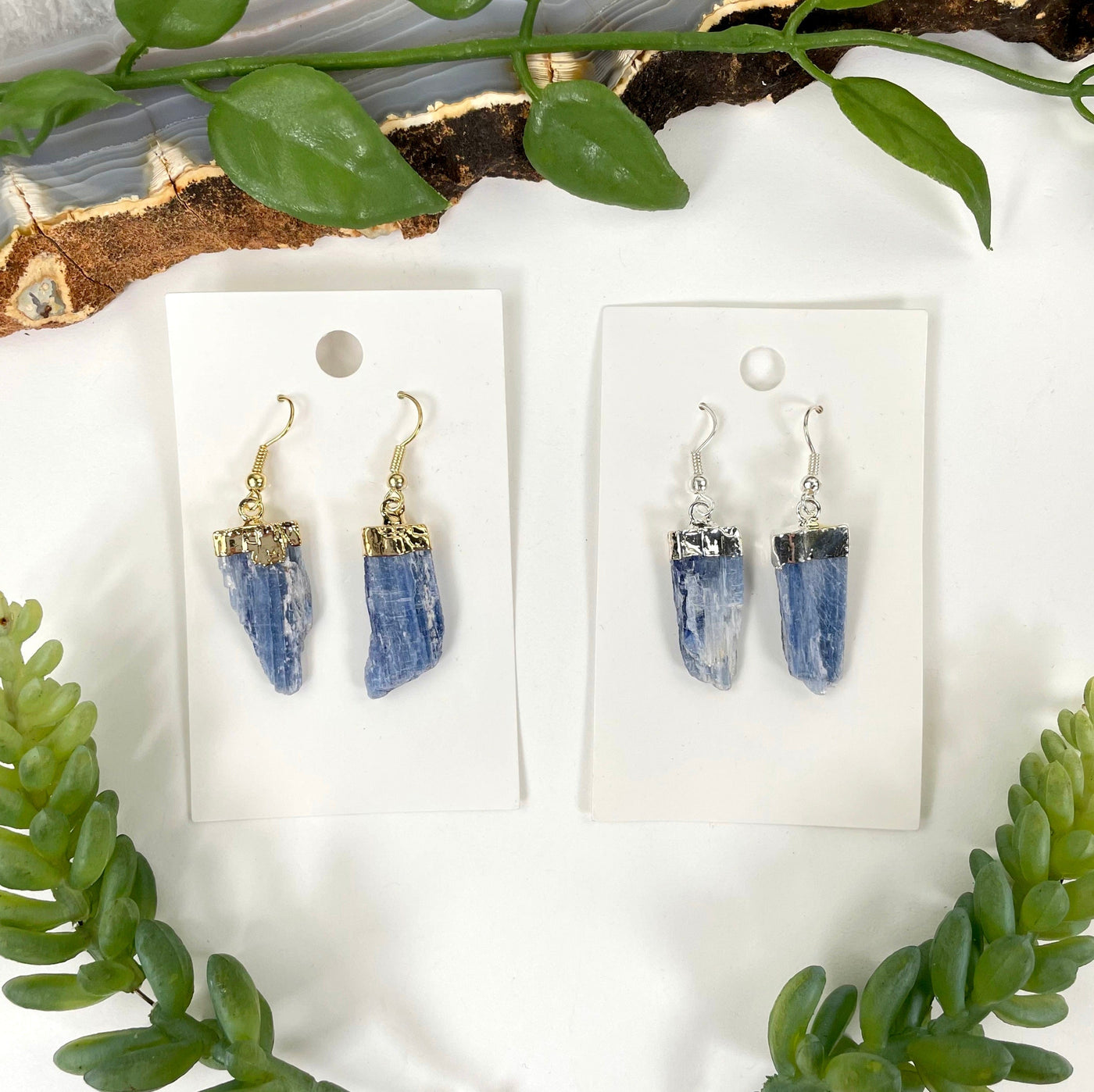 overhead view of both blue kyanite earring options on their package laying flat with plant decorations