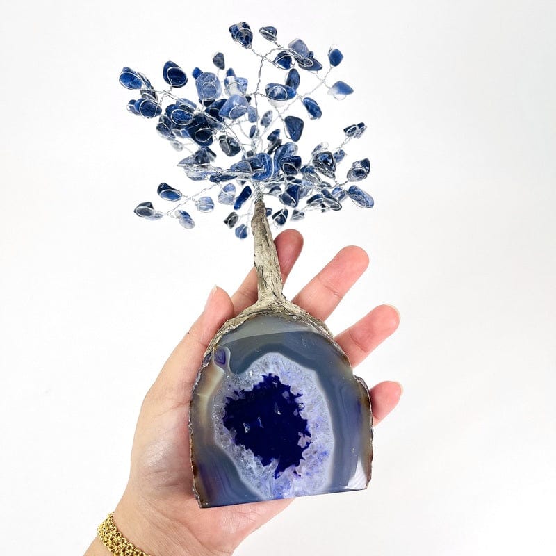 purple geode tree with sodalite top in hand for size reference