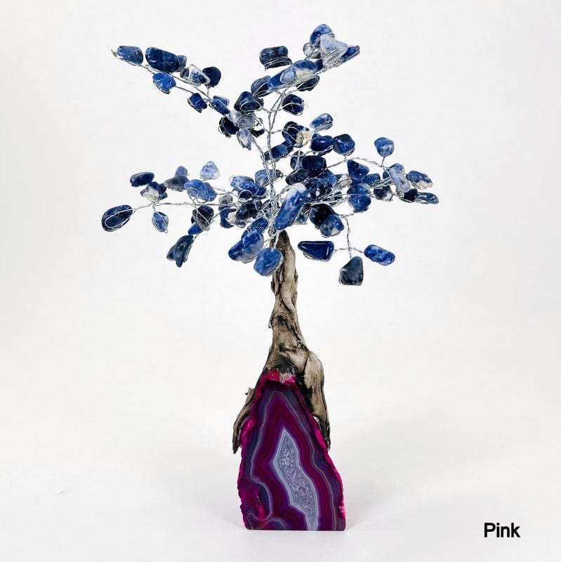 pink agate base tree with sodalite tumbled stones on the top portion