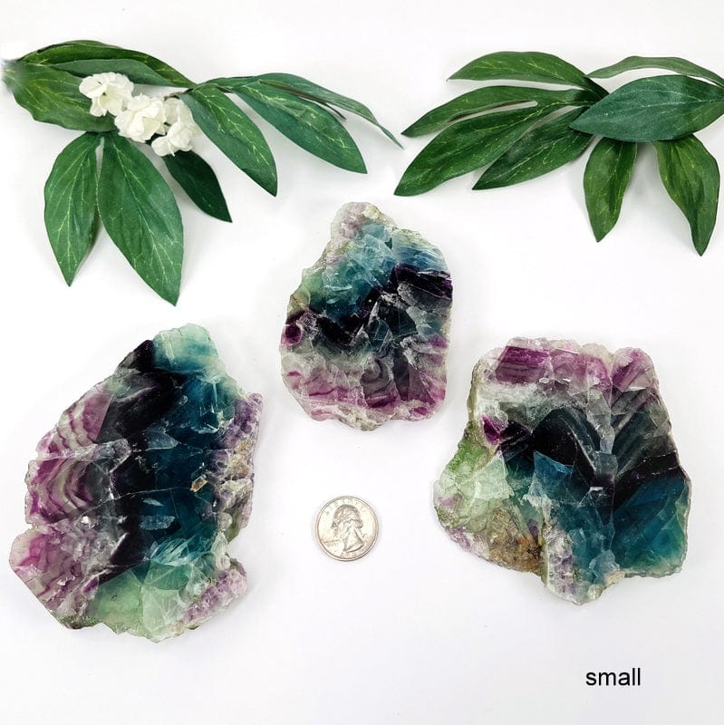 fluorite slabs in small. showing the different possible sizes within that option