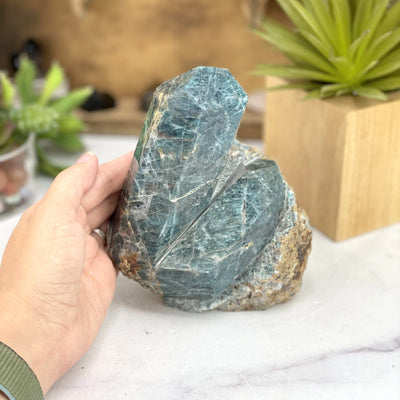 semi-polished apatite freeform with hand for size reference