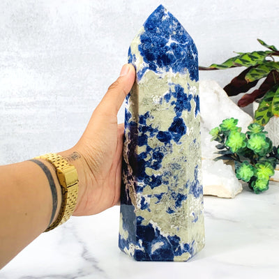 Hand comparing size the Sodalite Polished Tower Point