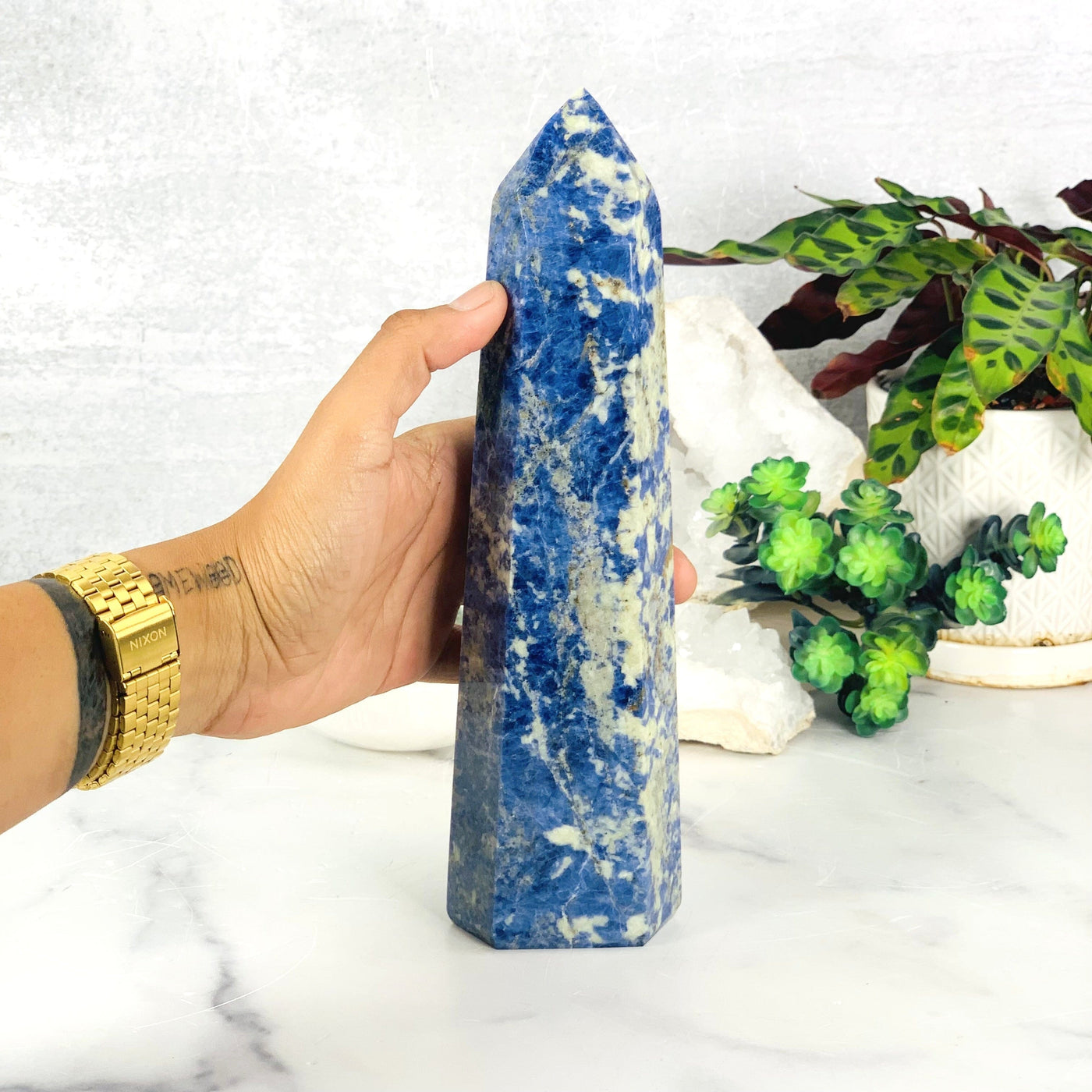 Hand comparing size to the Sodalite Polished Tower Point