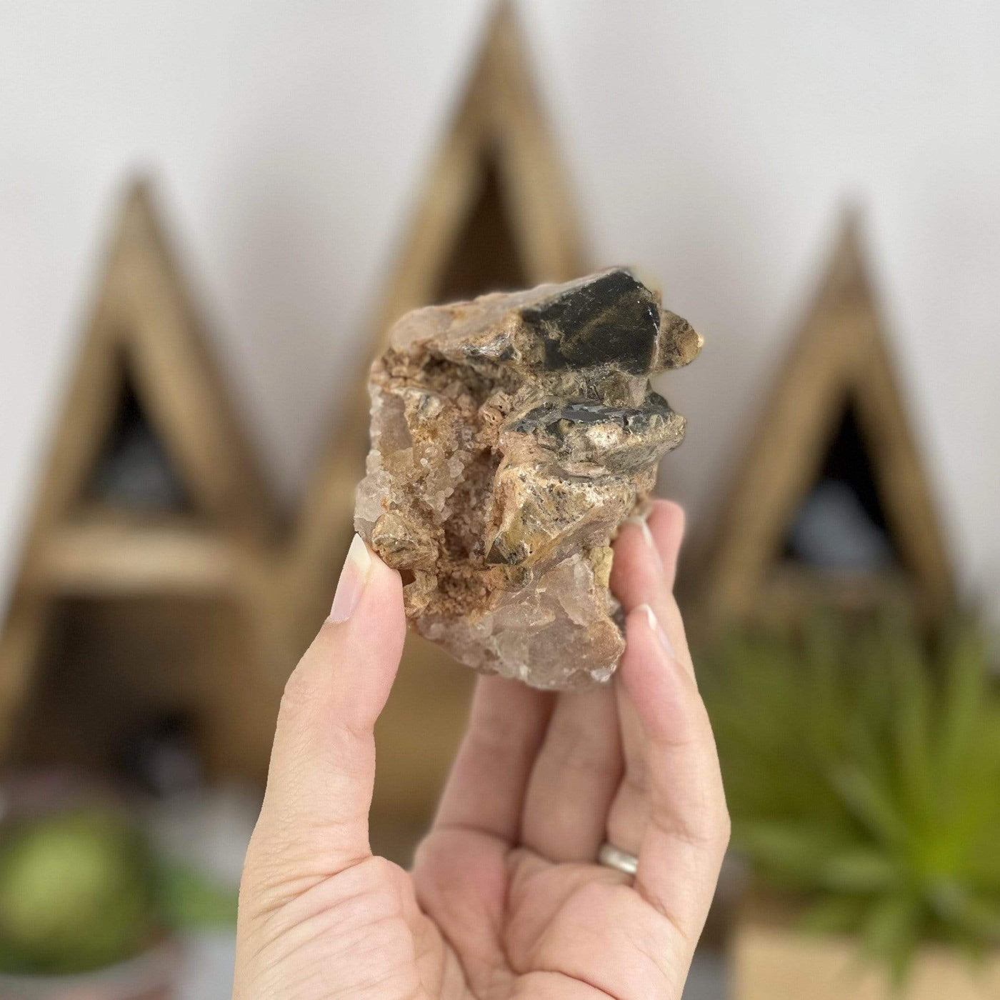 hand holding up Tumbled Lodolite Specimen with decorations in the background