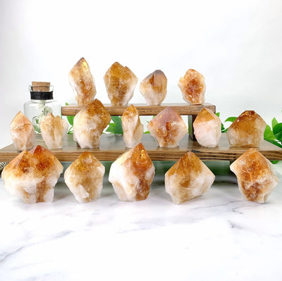 16 citrine points on display in front of white background