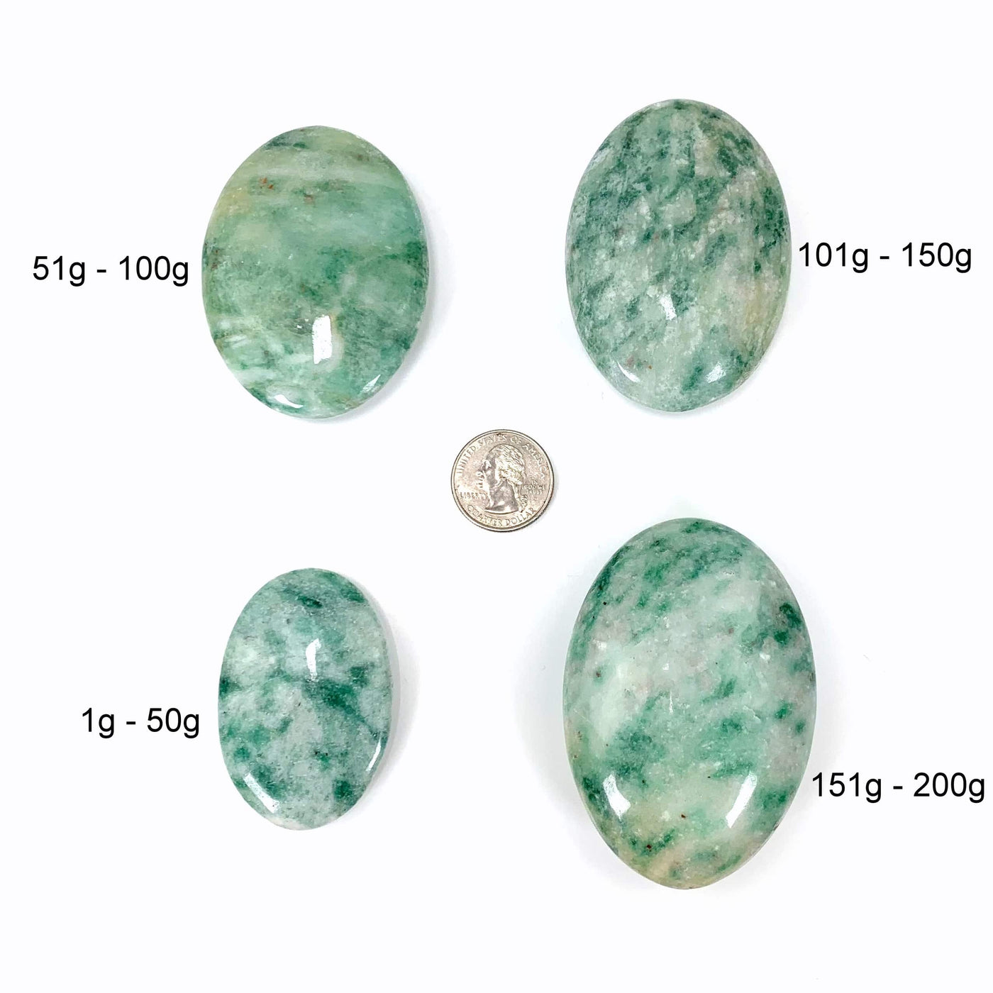 all 4 palm stones labeled on white background surrounding a quarter