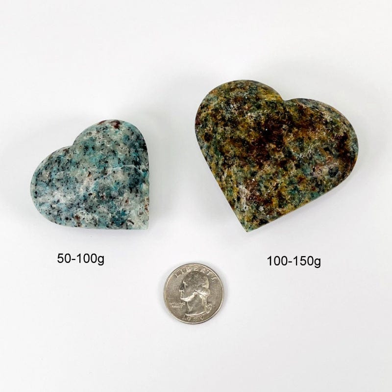 amazonite heart next to a quarter and size in grams 