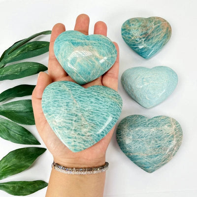polished amazonite hearts in hand for size reference 