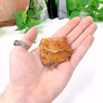 VANADINITE IN HAND WITH WHITE BACKGROUND\