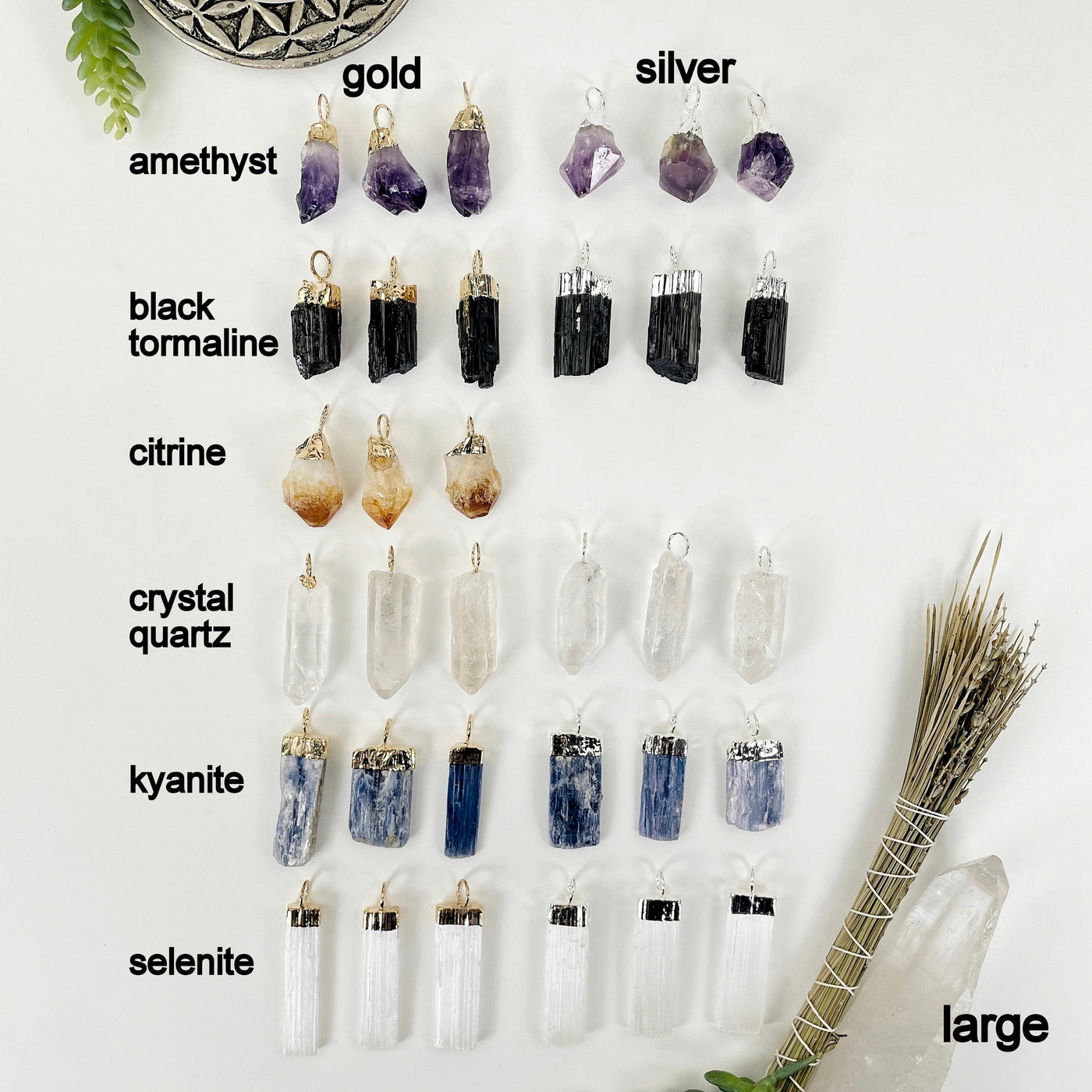 all large gemstone point pendants on white background with gold hoop bails on the left and silver hoop bails on the right