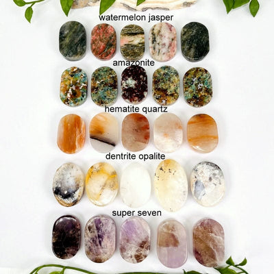Gemstone Worry Stones in watermelon jasper, amazonite, meatite quartz, dentrite opalite, and super seven