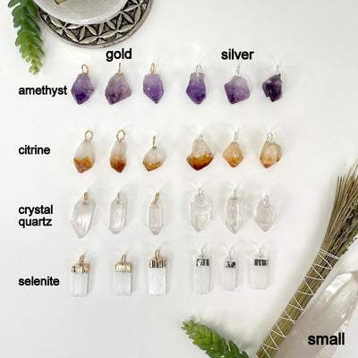 all small gemstone point pendant options on white background with gold hoop bails on the left and silver hoop bails on the right